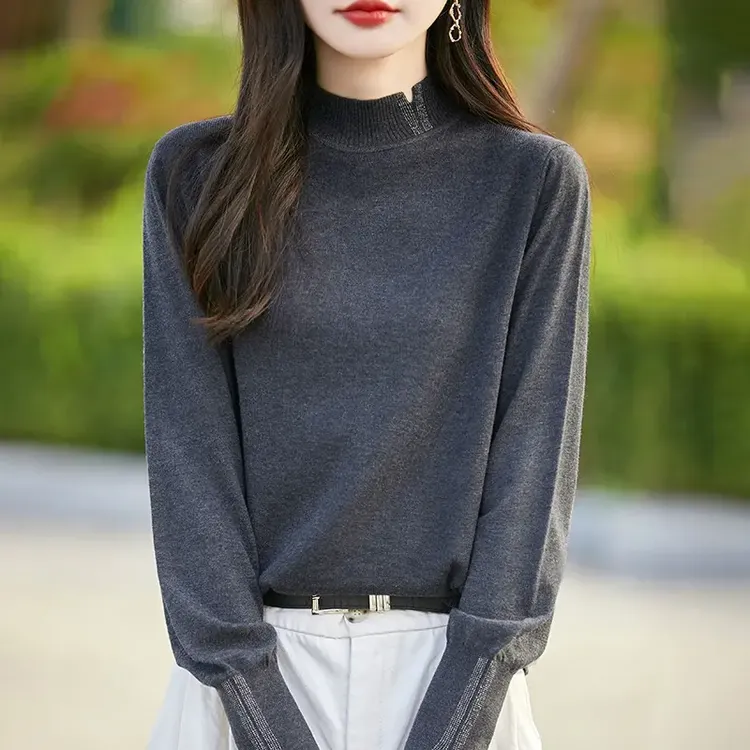 轻奢精纺羊毛衫设计感带钻领长袖针织衫宽松显瘦羊毛毛衣气质上衣