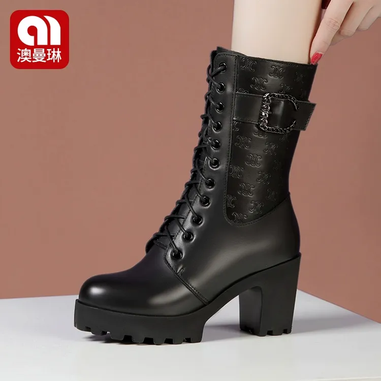 高跟粗跟新款马丁靴女真皮冬季防水台圆头系带爆款中筒靴厚底单靴