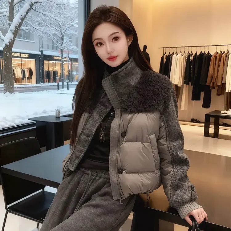 MISU/糜素冬季灰色立领拼接棉服外套2025年新款棉衣宽松保暖棉袄