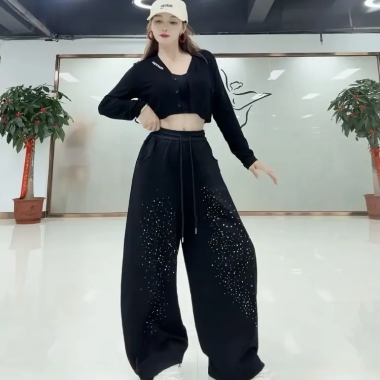 春秋街舞潮新款烫钻休闲舞蹈长裤纯色弯刀卫裤抽绳高腰广场舞裤子