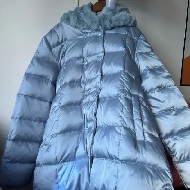 蓝色加厚连帽双排扣羽绒服冬季女装外套