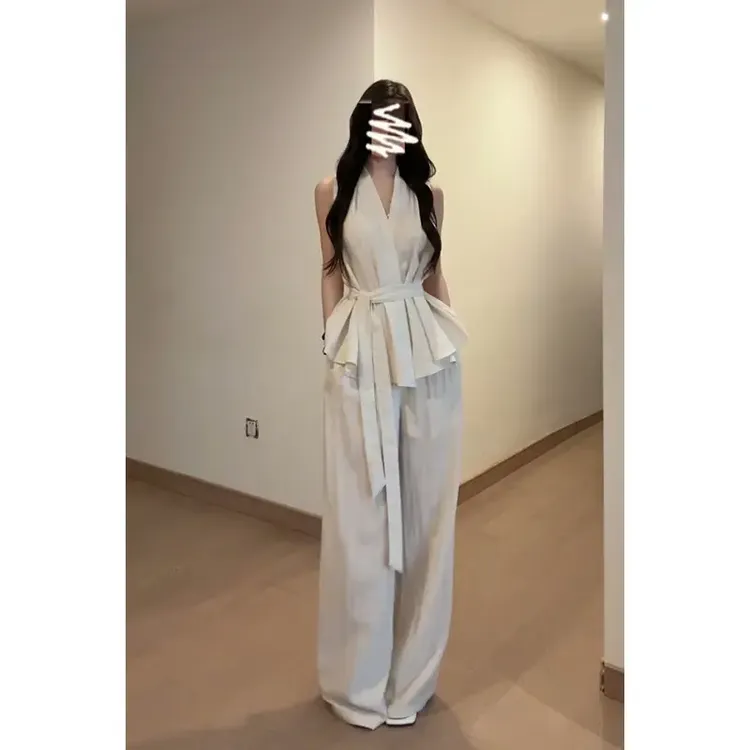 小众炸街高级感女装不规则系带V领无袖上衣高腰宽松显瘦阔腿裤