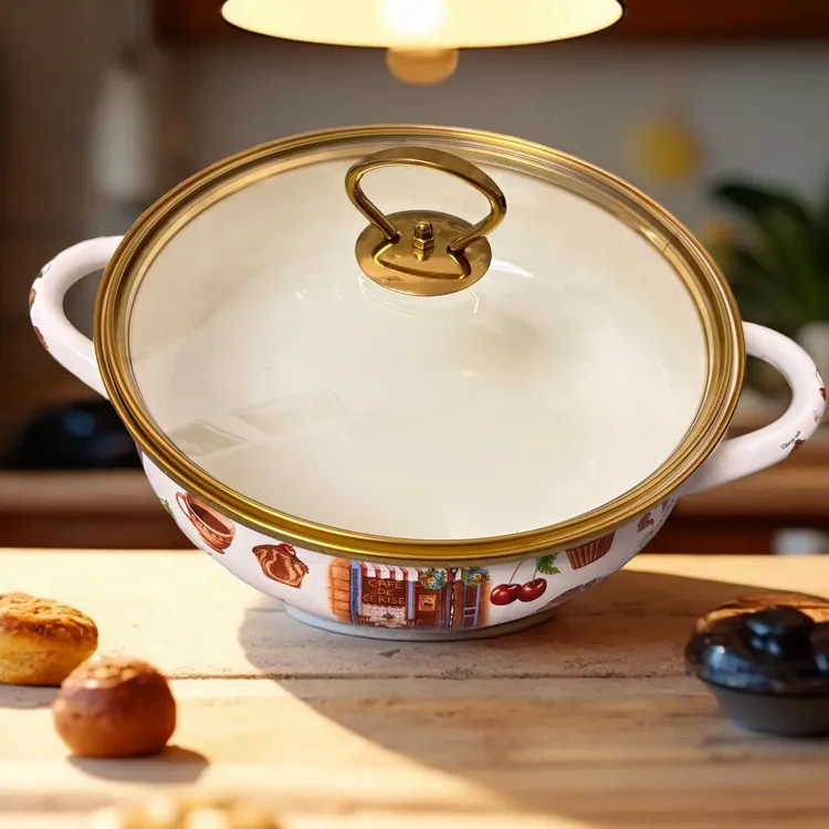 面包花家用搪瓷复古图案24㎝双耳汤锅平锅