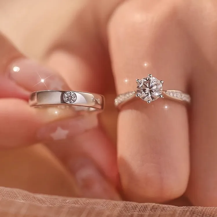 莫桑石戒指情侣对戒纯银刻字钻戒结婚订婚求婚仿真戒轻奢小众礼物