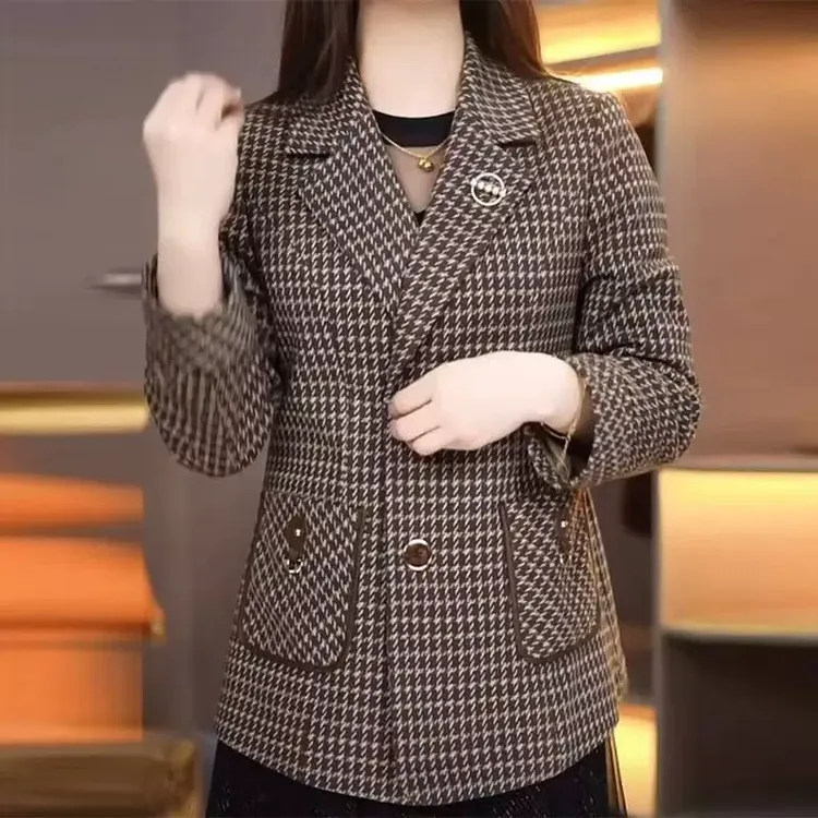 妈妈装格子外套40岁50中老年女士春秋季千鸟格新款小开衫小外搭