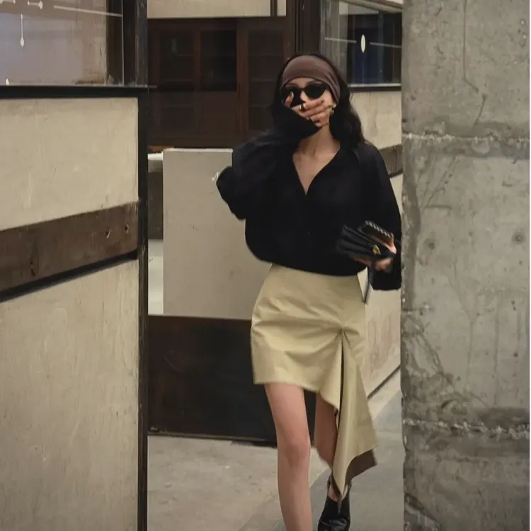 黑色衬衫女夏季2025新款法式设计感小众通勤长袖衬衣高腰半身裙子