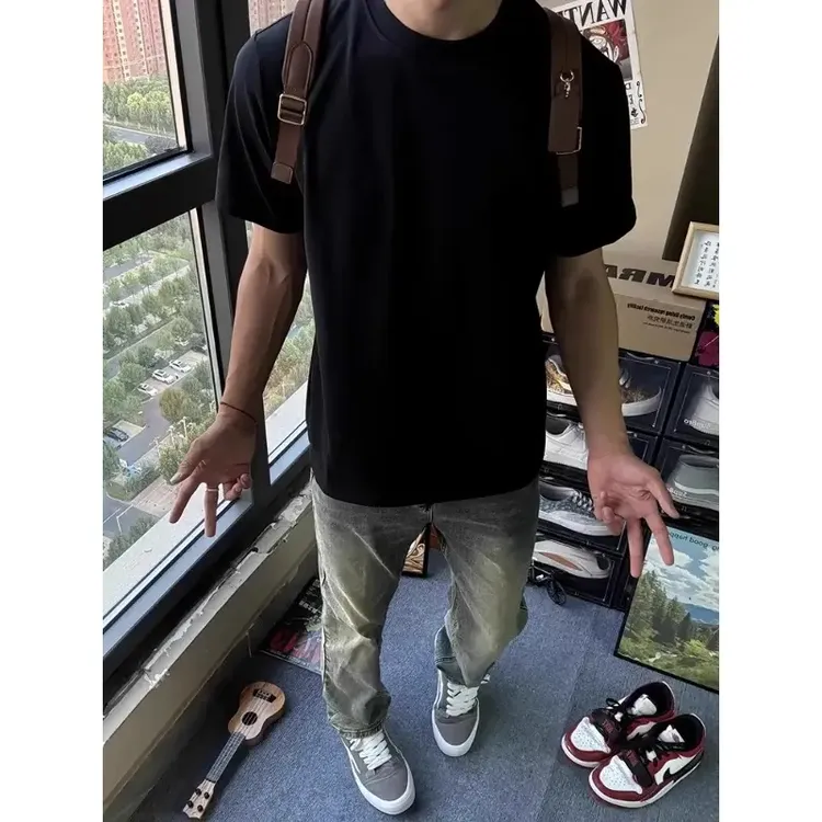 黑色cleanfit短袖男款夏季重磅纯棉小领口T恤正肩显瘦美式半截袖