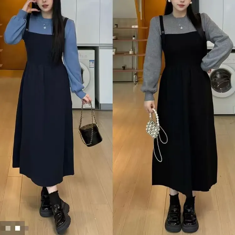 现货正品-【情时烟雨】大码显瘦女装针织假两件连衣裙