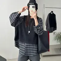 新款宽松假两件格子衬衫拼接长袖女士卫衣上衣