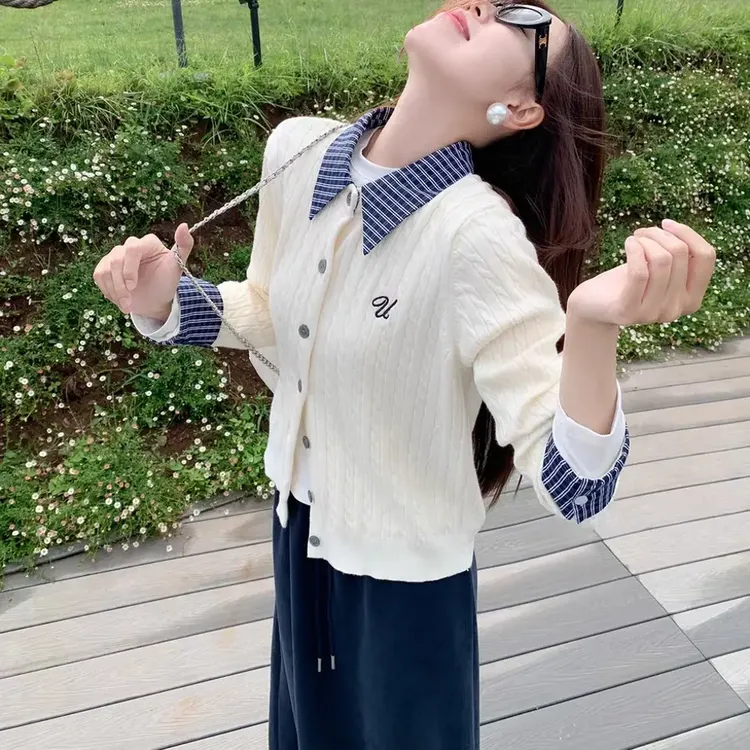 秋冬学院风格子拼接针织衫女长袖百搭显瘦上衣