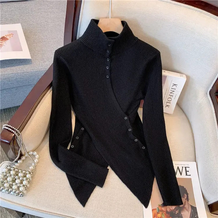 设计感小众交叉不规则半高领针织衫内搭毛衣女装入秋装打底衫上衣