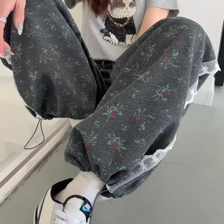 女性浪漫花卉图案宽松休闲长裤休闲裤显瘦百搭ins高腰印花