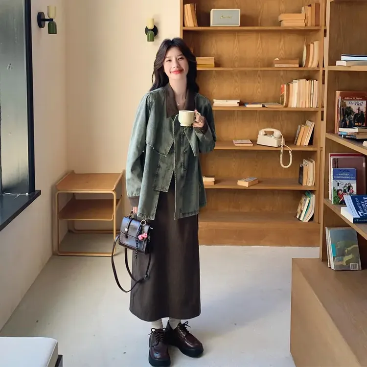 美拉德复古做旧灯芯绒拼接牛仔套装2025春秋新款氛围感气质两件套