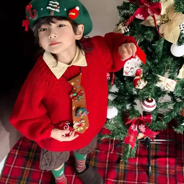 圣诞节冬款摄影服装男女童红色针织毛衣影楼拍照主题写真照服