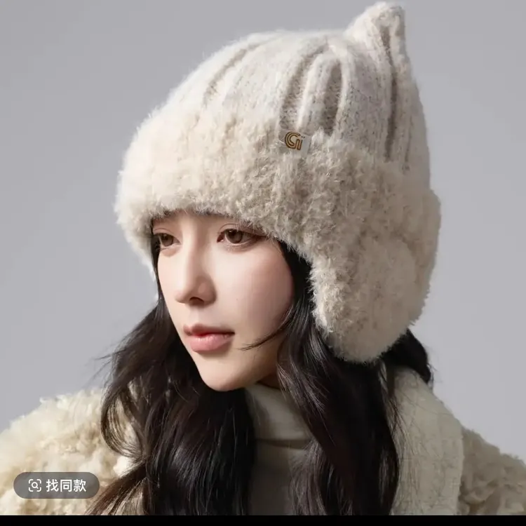 3韩系可爱猫耳朵针织毛线帽子女秋冬保暖加厚护耳显脸小百搭加绒