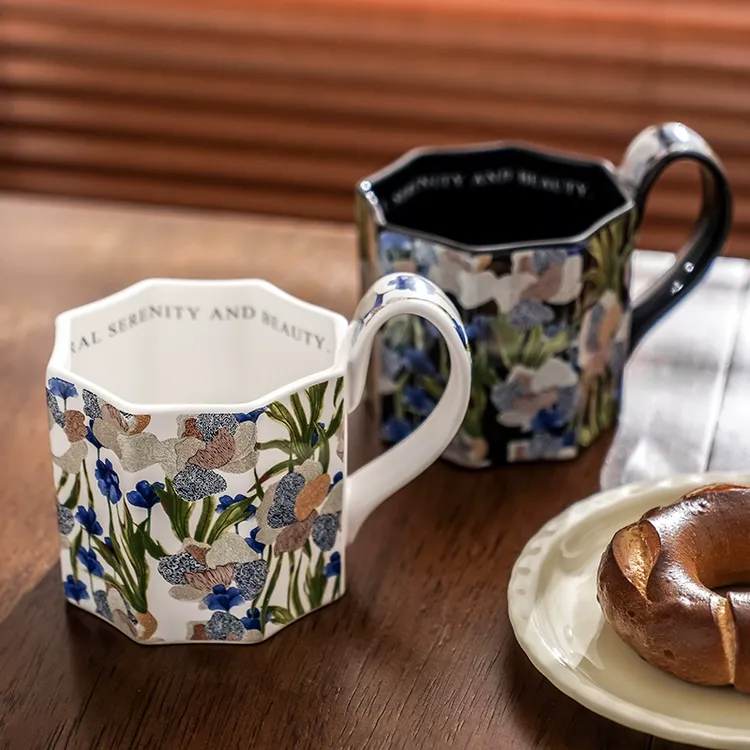 八角陶瓷杯马克杯办公室女士精致咖啡杯高级感鸢尾花杯子情侣对杯