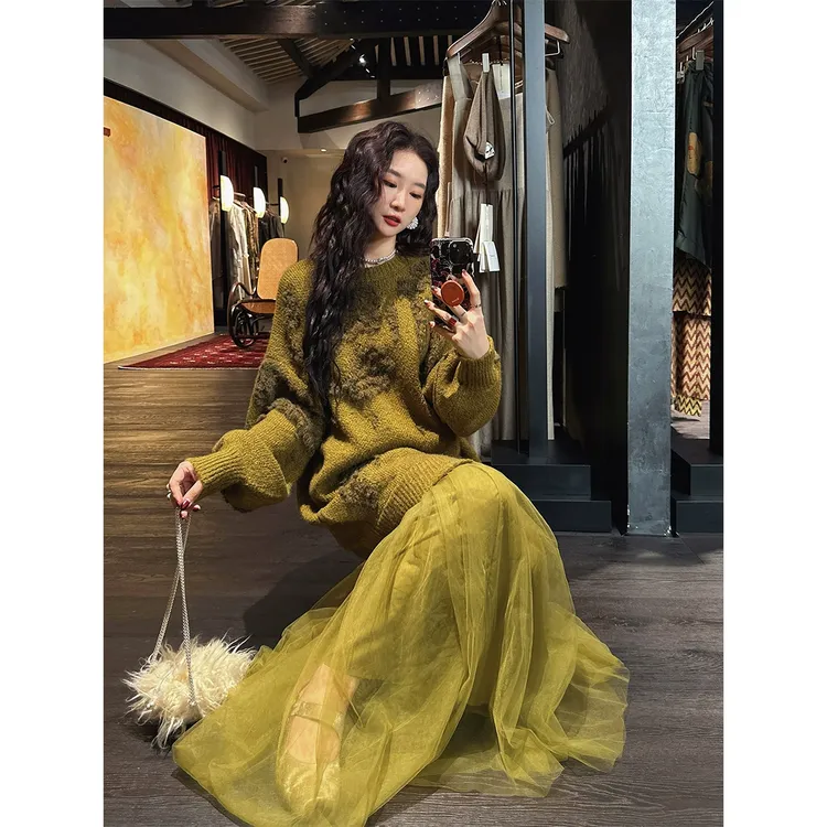 三吉黑花【清欢雪】新中式国风气质时尚连衣裙女秋冬季毛衣拼纱长裙