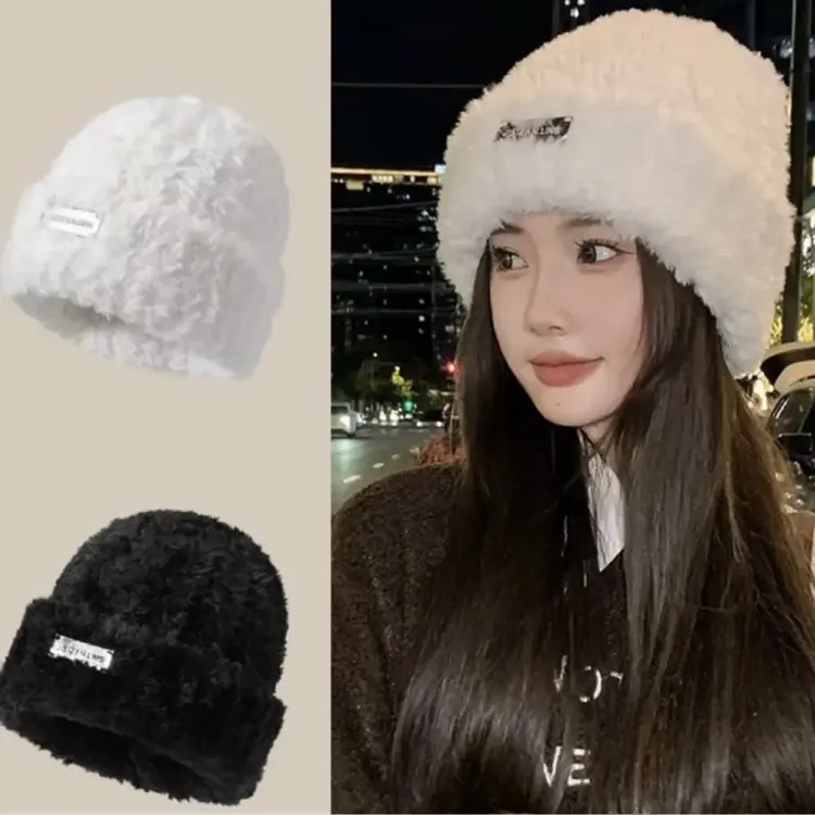 毛线帽子秋冬季女款百搭针织包头显脸小保暖白色毛绒茸冷帽大头围