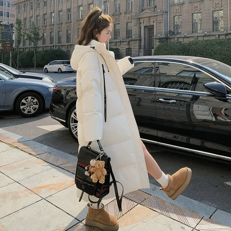 白色双侧拉链长款棉服女冬季加厚保暖外套
