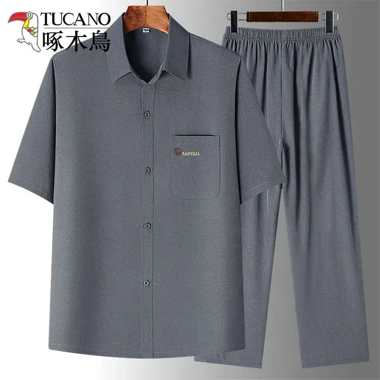 TUCANO/啄木鳥夏季薄款宽松男士短袖衬衣套装老年人爸爸装潮牌修