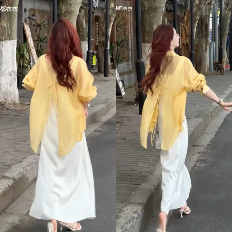 后背开叉衬衫女夏薄款开衫外套设计感小众空调衫雪纺防晒上衣