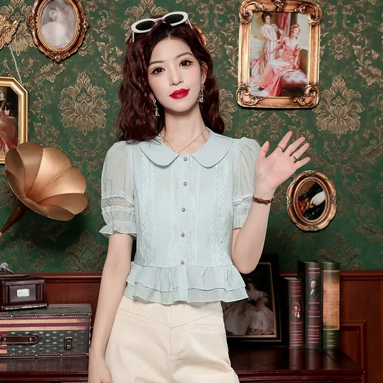 短袖蓝色雪纺衬衫女2025新款夏季爆款小衫荷叶边独特别致短款上衣