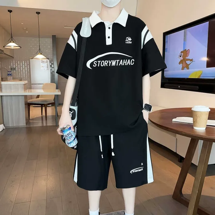 青少年夏季套装男孩初中学生大童薄款翻领短袖t恤帅气男装POLO衫