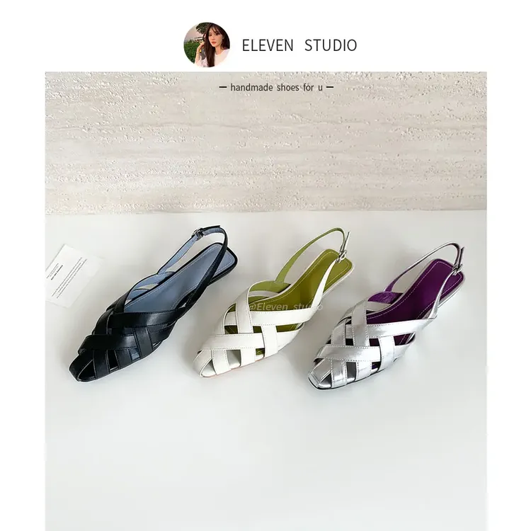 【王11】手工编织镂空包头凉鞋女尖头粗跟单鞋真皮罗马鞋 3CM/廊前