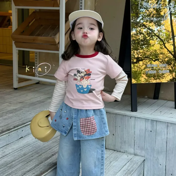韩系童装26春款女童小童韩版米奇假两件T恤刺绣直筒牛仔长裤裙裤