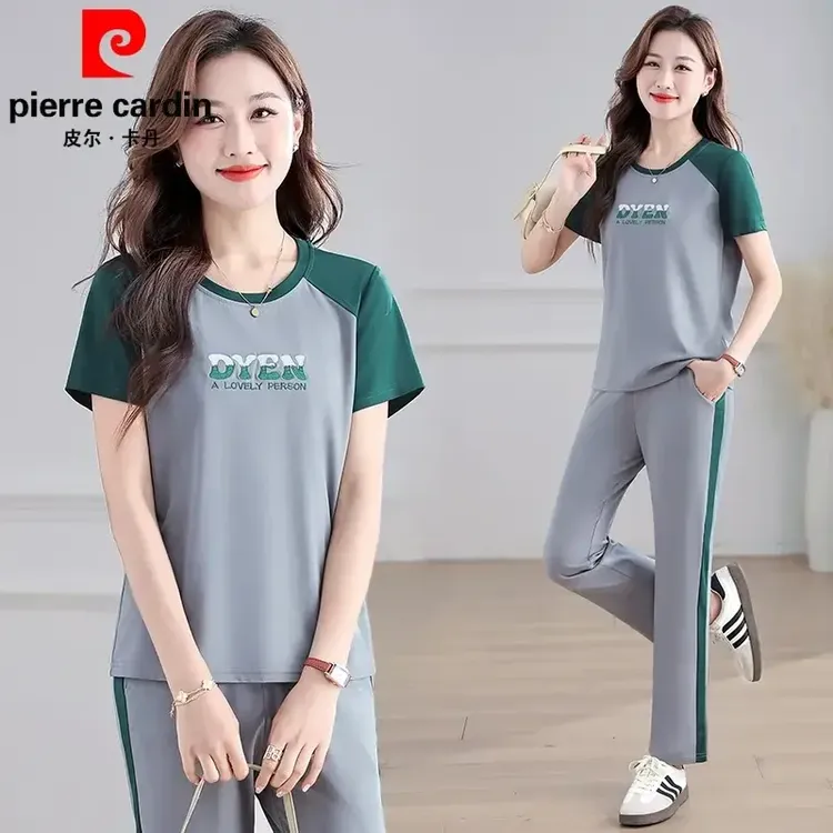 爆款皮尔卡丹品牌圆领运动套装女士夏季时尚宽松短裤短袖拼色休闲