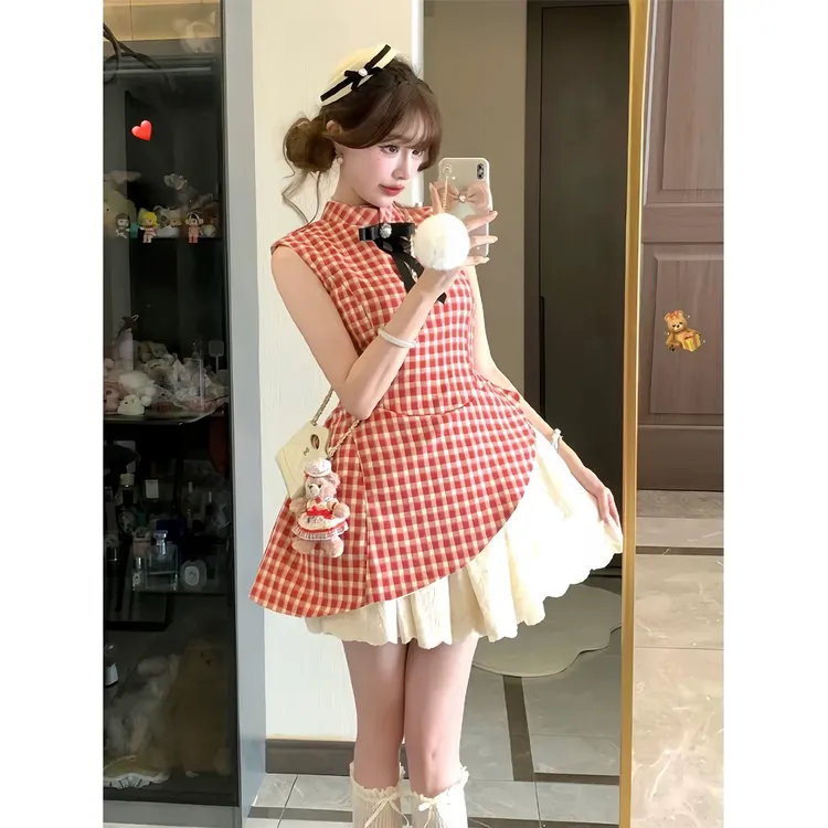 甜辣妹红色格纹无袖连衣裙女夏日甜美蕾丝公主裙收腰显瘦蓬蓬裙子