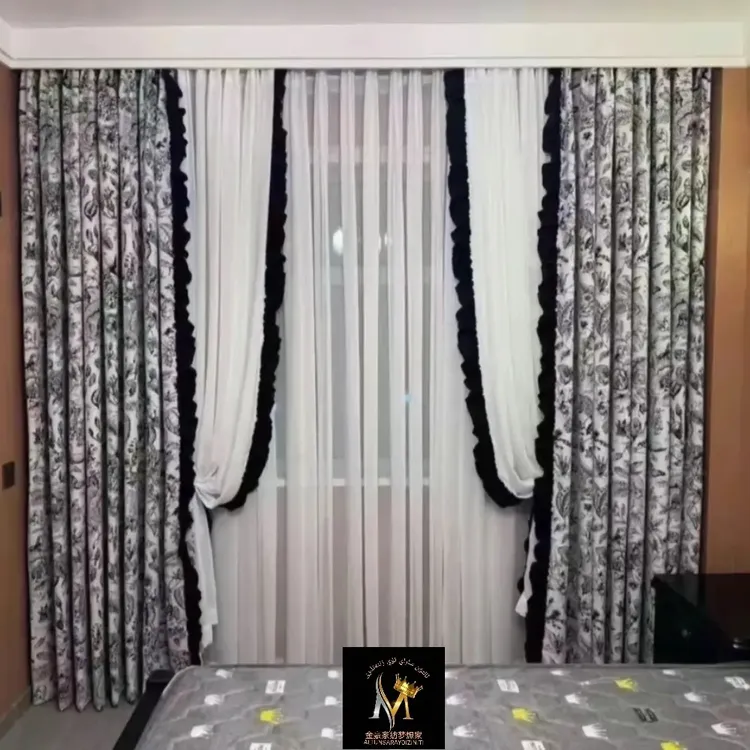 法式复古黑白配色叶子花纹雪尼尔客厅卧室飘窗窗帘家用窗帘布遮光