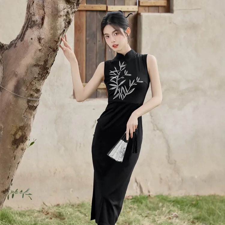 新中式国风年轻款少女气质高端黑色无袖绝美旗袍改良连衣裙日常夏