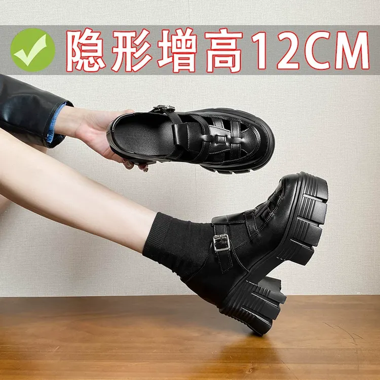 12cm小个子内增高真皮凉鞋女包头厚底罗马镂空编织粗跟猪笼鞋