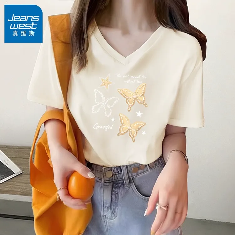 真维斯正肩v领短袖t恤女夏季2025新款夏季纯棉半袖设计感小众上衣