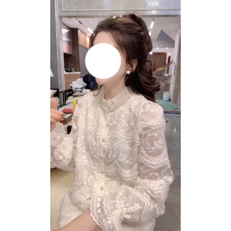 欧货重工立领单排扣蕾丝长袖衬衫女秋冬设计感珍珠扣洋气别致上衣