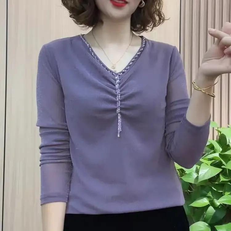 高档气质V领打底衫女秋季新款时尚k百搭妈妈装遮肉显瘦长袖上衣女