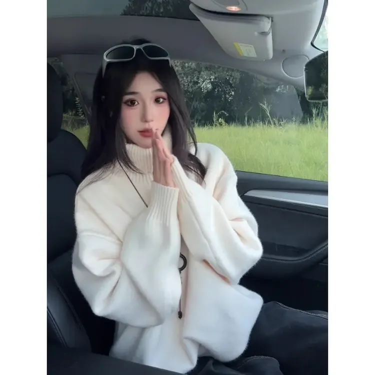 白色美式毛衣男秋冬季加厚加绒慵懒风针织衫高级感内搭时尚打底衫