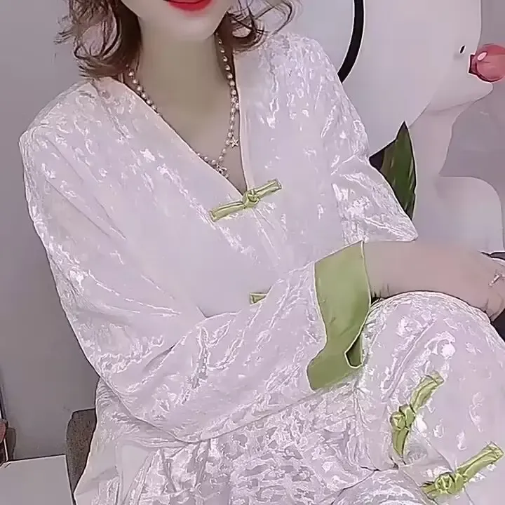 睡衣女网红春秋冬新款国风盘扣拼色长袖长裤可外穿丝绒家居服套装