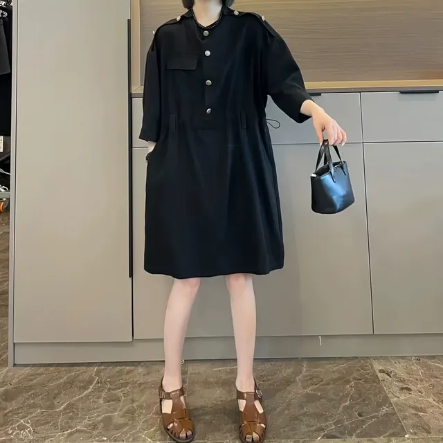 收腰显瘦设计感连衣裙女2025夏季大码胖MM法式工装百搭休闲风裙子