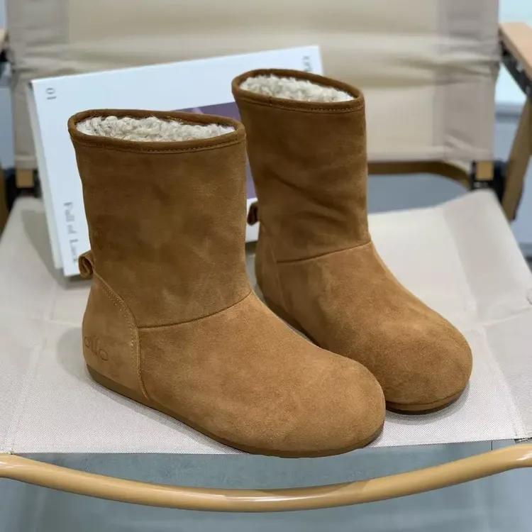 现货雪地靴女冬季加绒保暖圆头内增高牛反绒真皮一脚蹬短靴