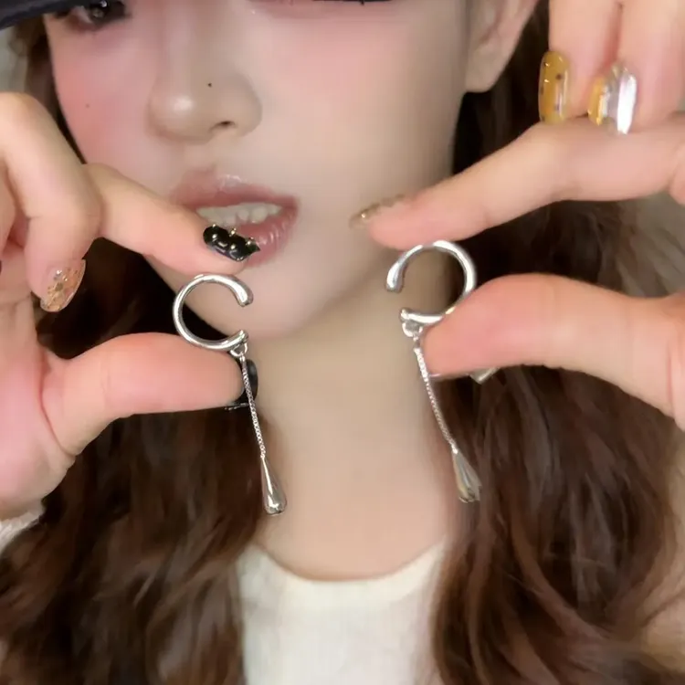 格流 合金耳饰 耳饰 ins百搭简约长款流苏链条水滴无耳洞耳骨夹商品图