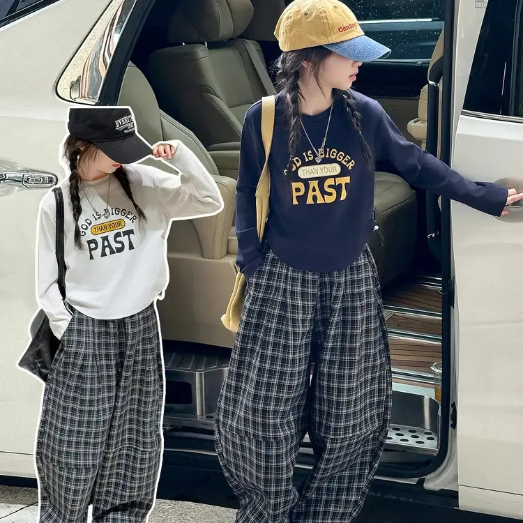 女童春秋新款套装儿童潮款8-15岁中大童抽长袖上衣+格子裤两件套9