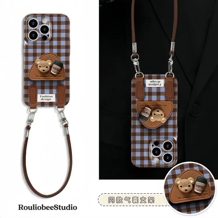 适用苹果16手机壳支架iPhone15小米vivo咖啡小熊oppo华为p70菲林