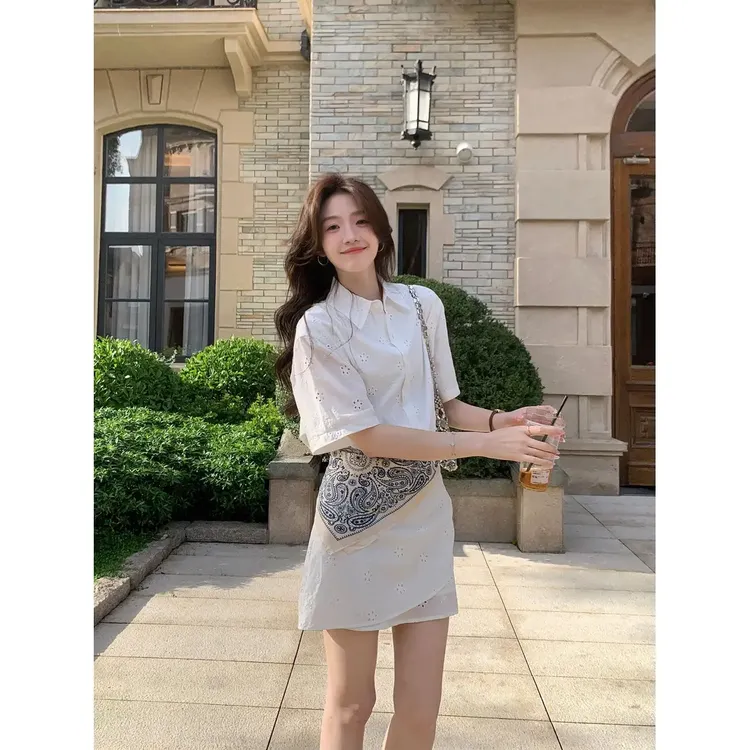 连衣裙女2025夏季新款小众设计感镂空收腰显瘦韩系ins短袖a字短裙