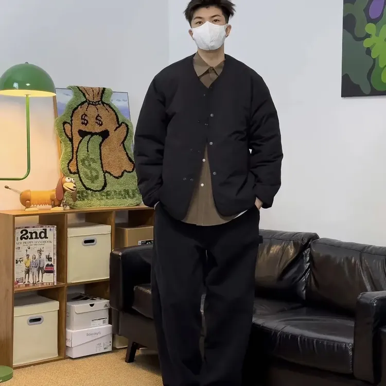 日系65/35！光电子面料！纯色宽松无领落肩双面穿情侣款羽绒服