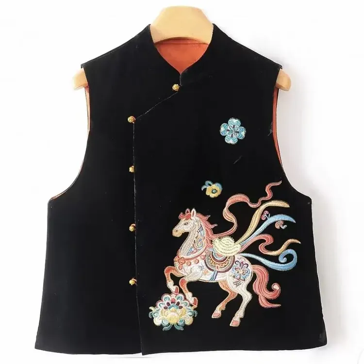 新中式国风重工刺绣立领百搭无袖丝绒马甲上衣