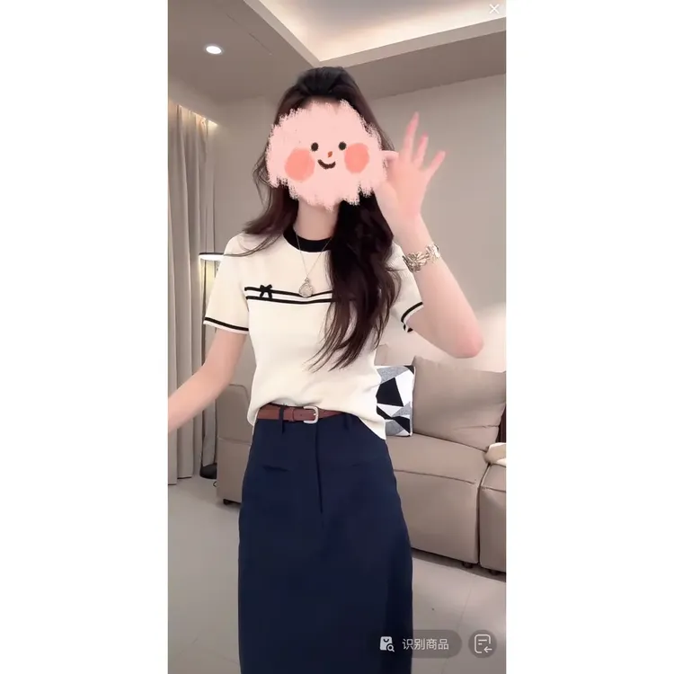 2025夏季短袖针织衫上衣T恤垂感西装半身裙A字裙显瘦通勤套装