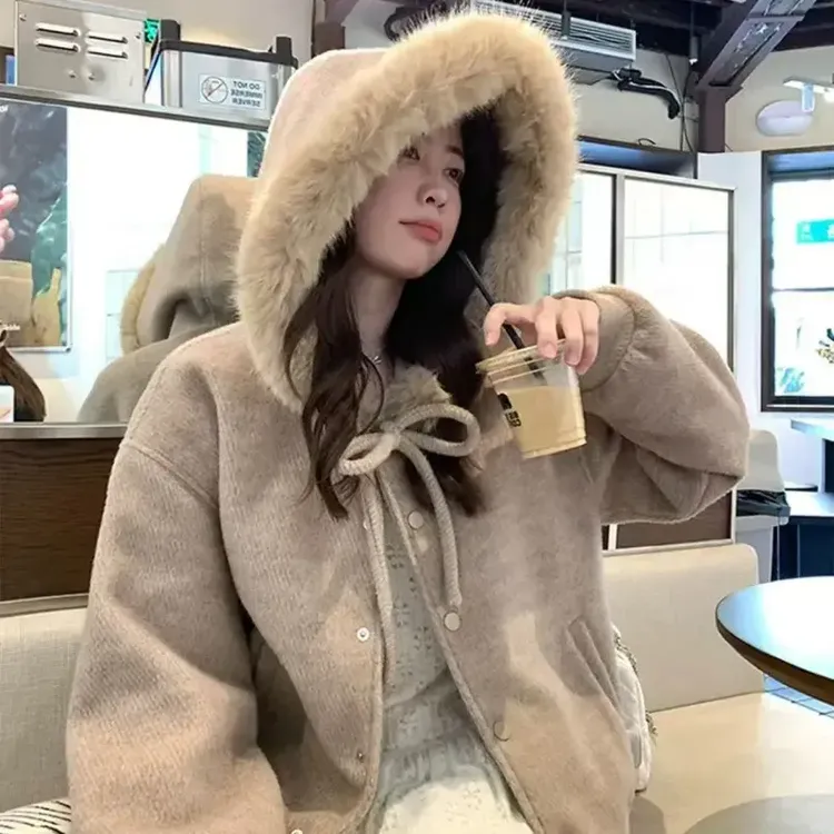 韩系设计感蝴蝶结绑气质大毛领棉服外套女冬季慵懒风连帽针织棉服