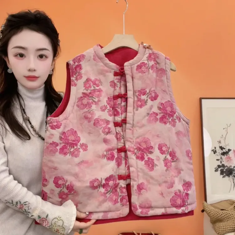 秋冬常规盘扣立领中长款双面马夹上衣国风保暖印花外搭20501